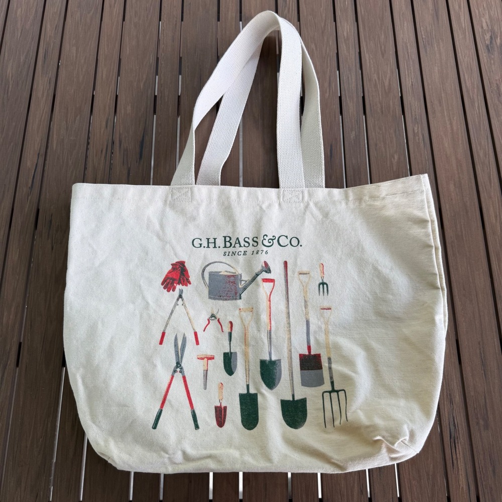 GH Bass & Co Canvas Tote Bag Cream Gardening Tools Graphic Shoulder Bag Large